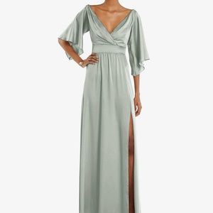 DESSY ASYMMETRIC BELL SLEEVE WRAP MAXI DRESS WITH FRONT SLIT